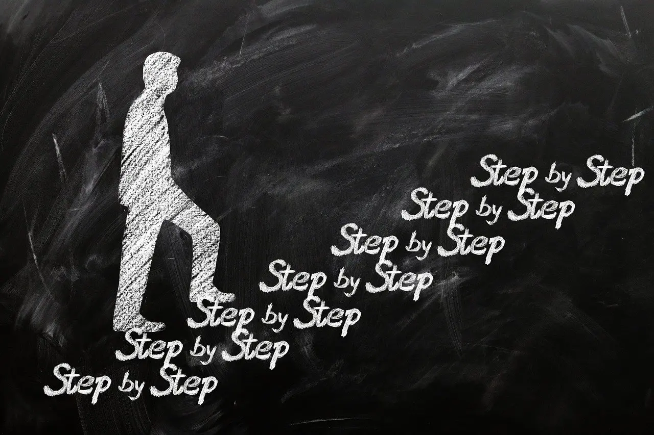A chalk drawing of a person climbing stairs labeled 'Step by Step,' representing the gradual recovery process after surgery.